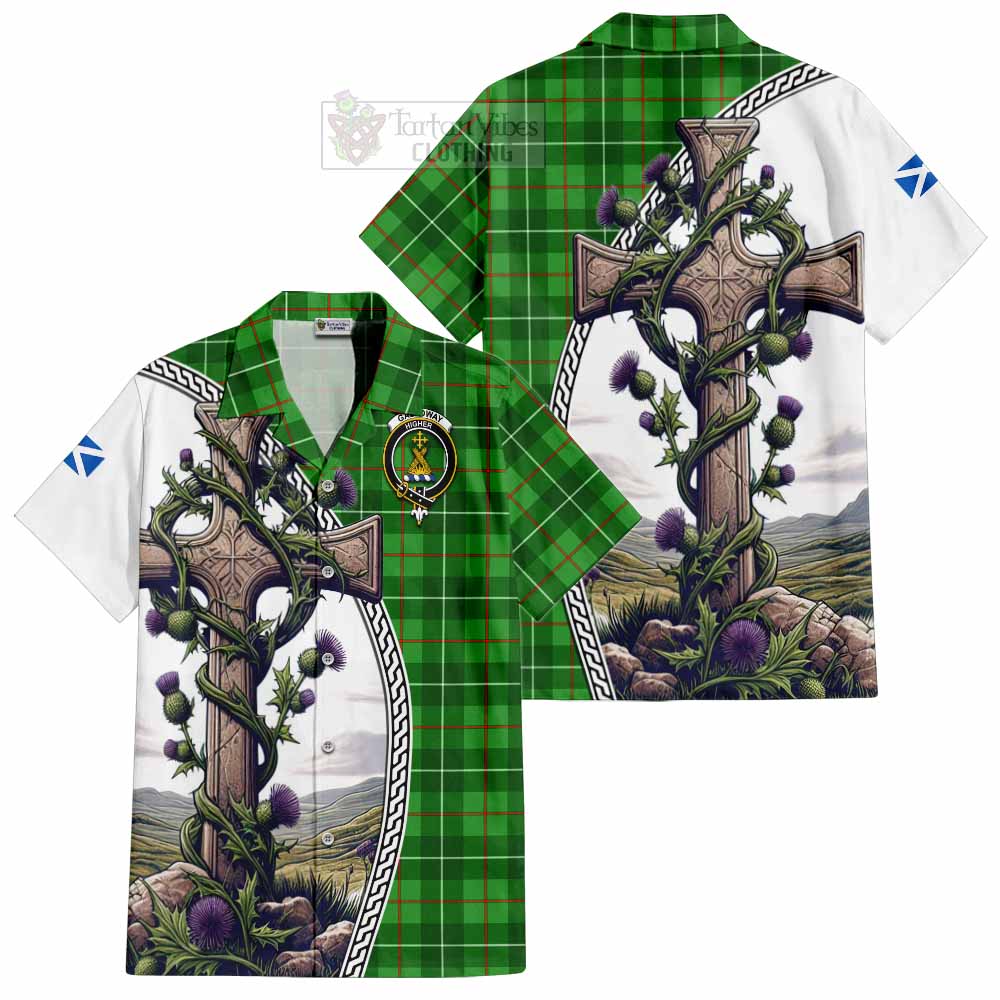 Tartan Vibes Clothing Galloway Tartan Short Sleeve Button Shirt with Family Crest and St. Andrew's Cross Accented by Thistle Vines