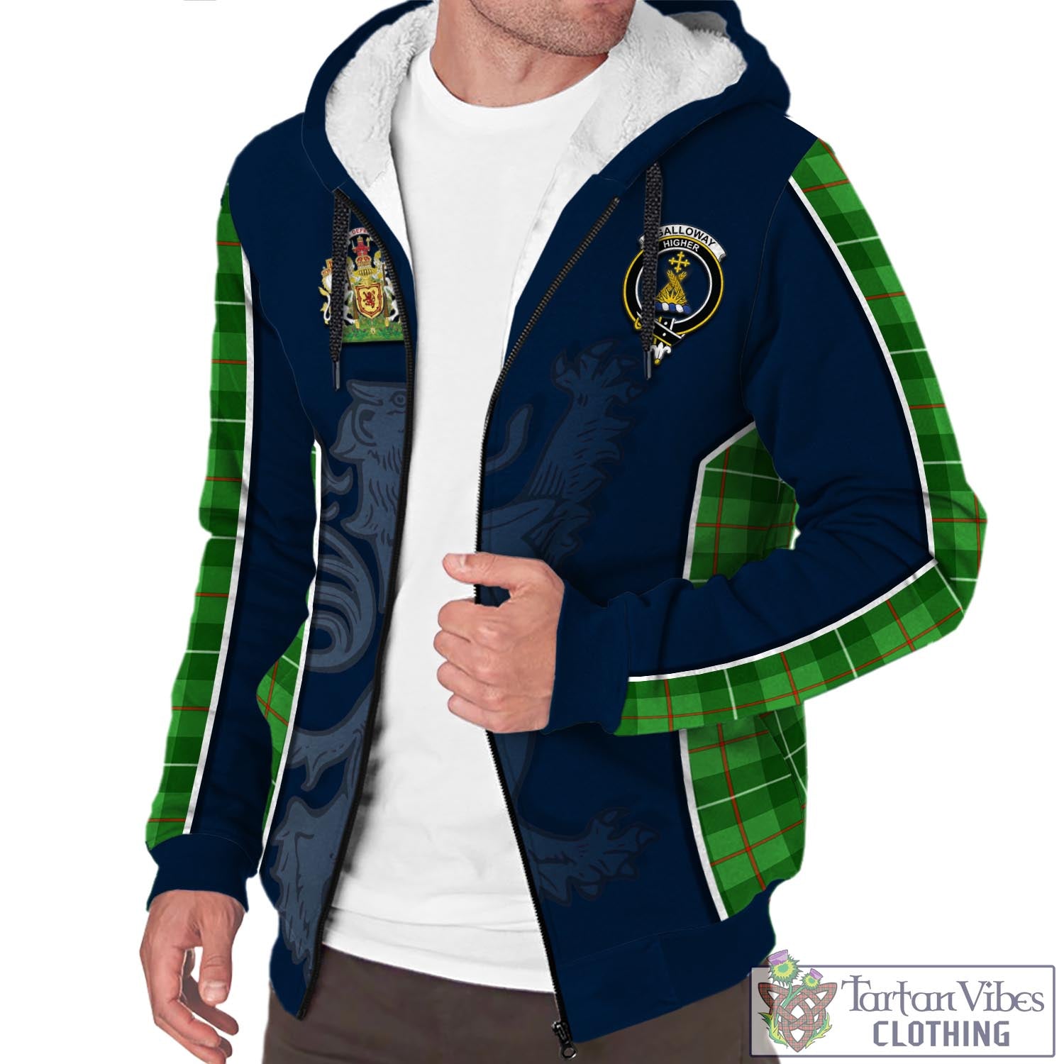 Tartan Vibes Clothing Galloway Tartan Sherpa Hoodie with Family Crest and Lion Rampant Vibes Sport Style