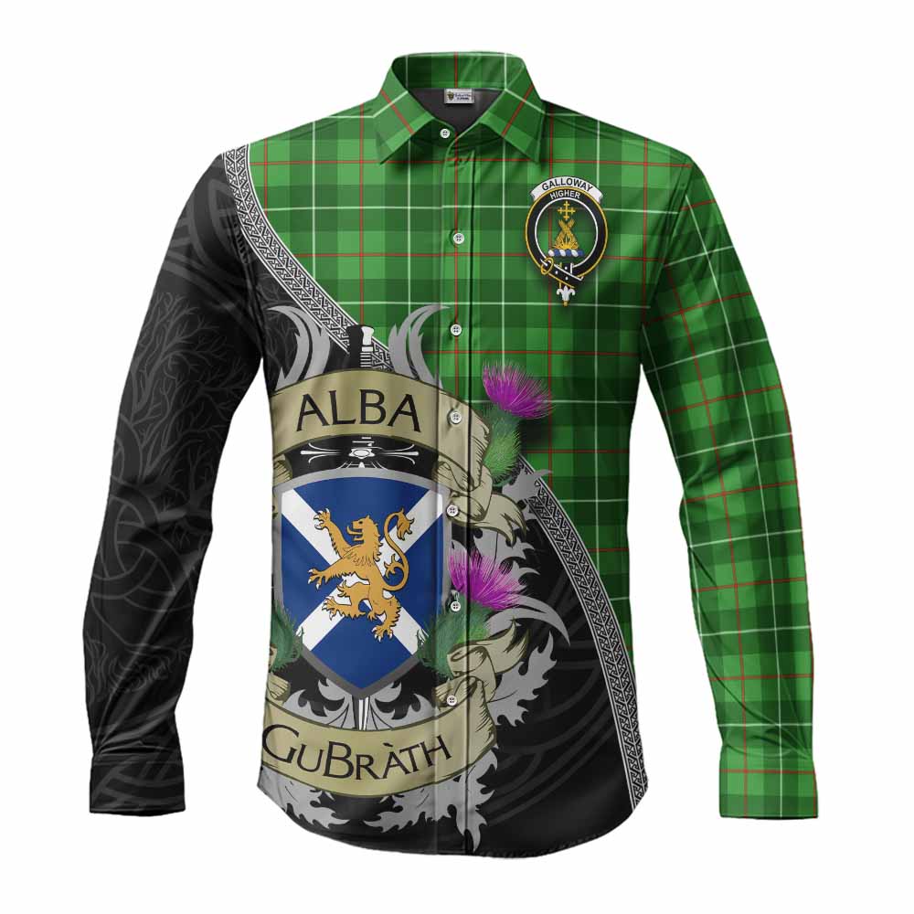 Tartan Vibes Clothing Galloway Tartan Family Crest Long Sleeve Button Shirt Lion Rampant Royal Thistle Shield Celtic Inspired
