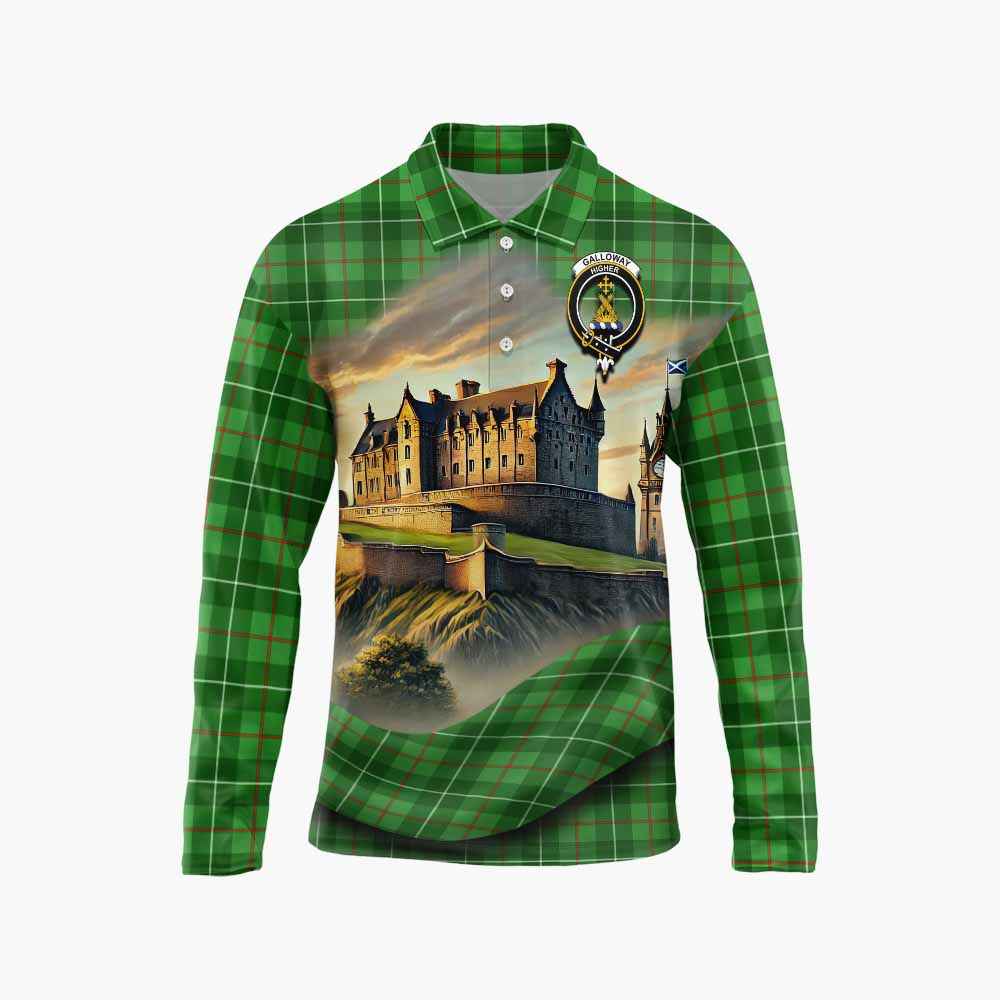 Tartan Vibes Clothing Galloway Tartan Family Crest Long Sleeve Polo Shirt with Scottish Ancient Castle Style