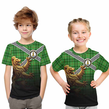 Galloway Crest Tartan Kid T-Shirt with Golden Lion Emblem Celtic Style