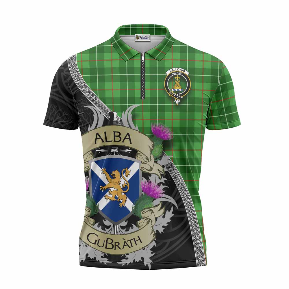 Tartan Vibes Clothing Galloway Tartan Family Crest Zipper Polo Shirt Lion Rampant Royal Thistle Shield Celtic Inspired
