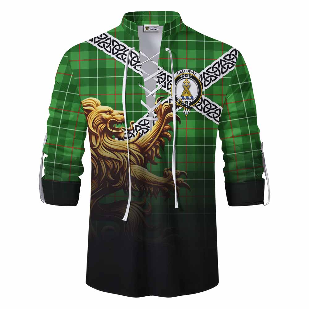 Tartan Vibes Clothing Galloway Crest Tartan Ghillie Kilt Shirt with Golden Lion Emblem Celtic Style