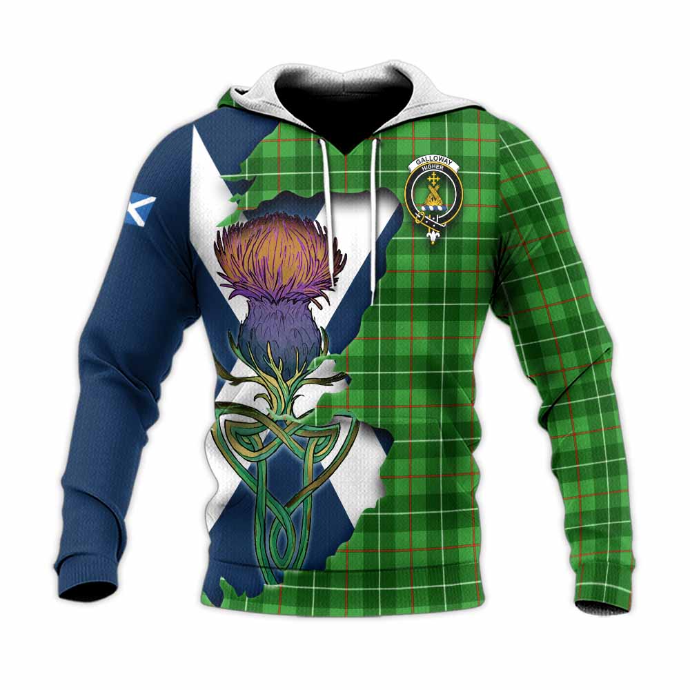 Tartan Vibes Clothing Galloway Tartan Family Crest Knitted Hoodie Scottish Thistle Celtic Inspired