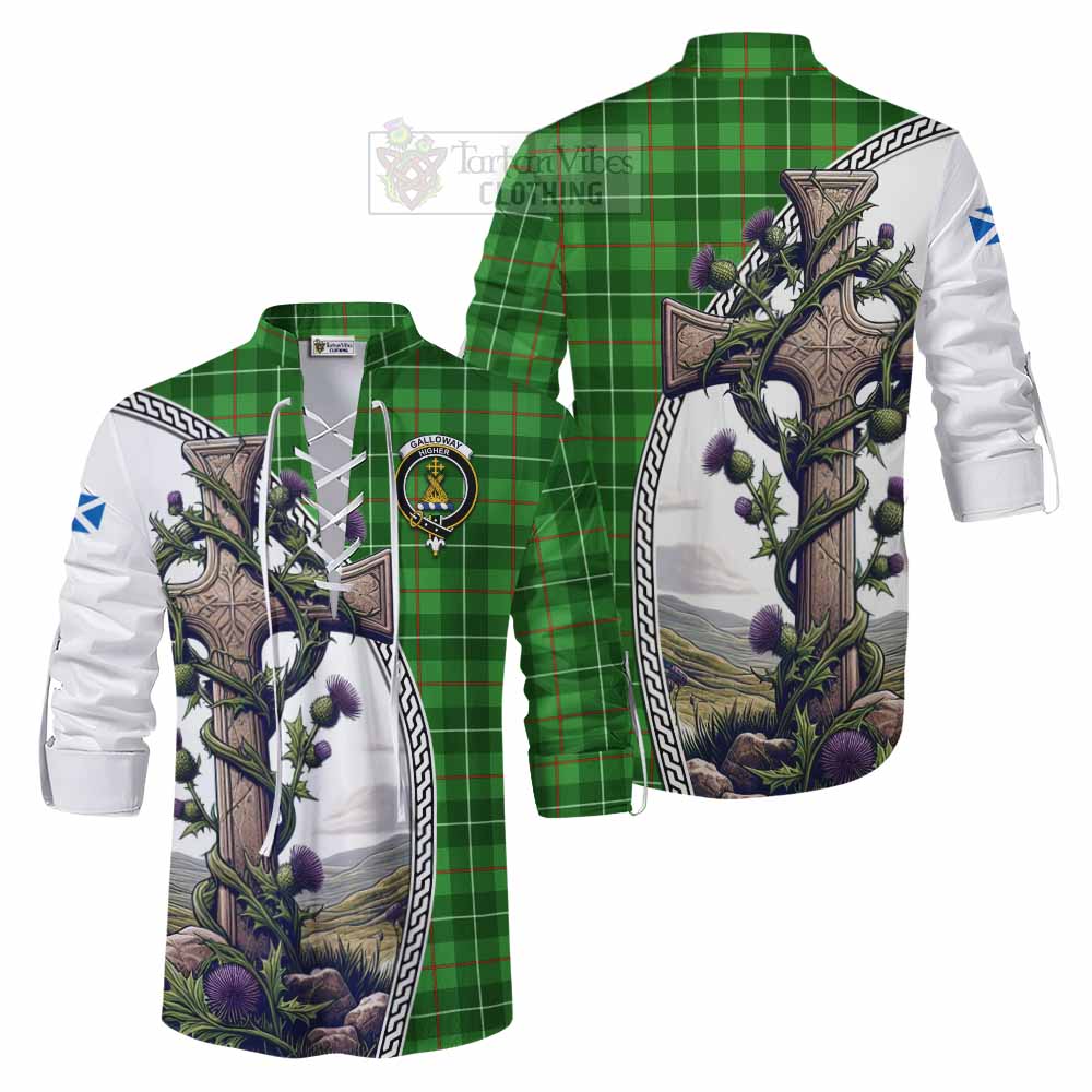 Tartan Vibes Clothing Galloway Tartan Ghillie Kilt Shirt with Family Crest and St. Andrew's Cross Accented by Thistle Vines