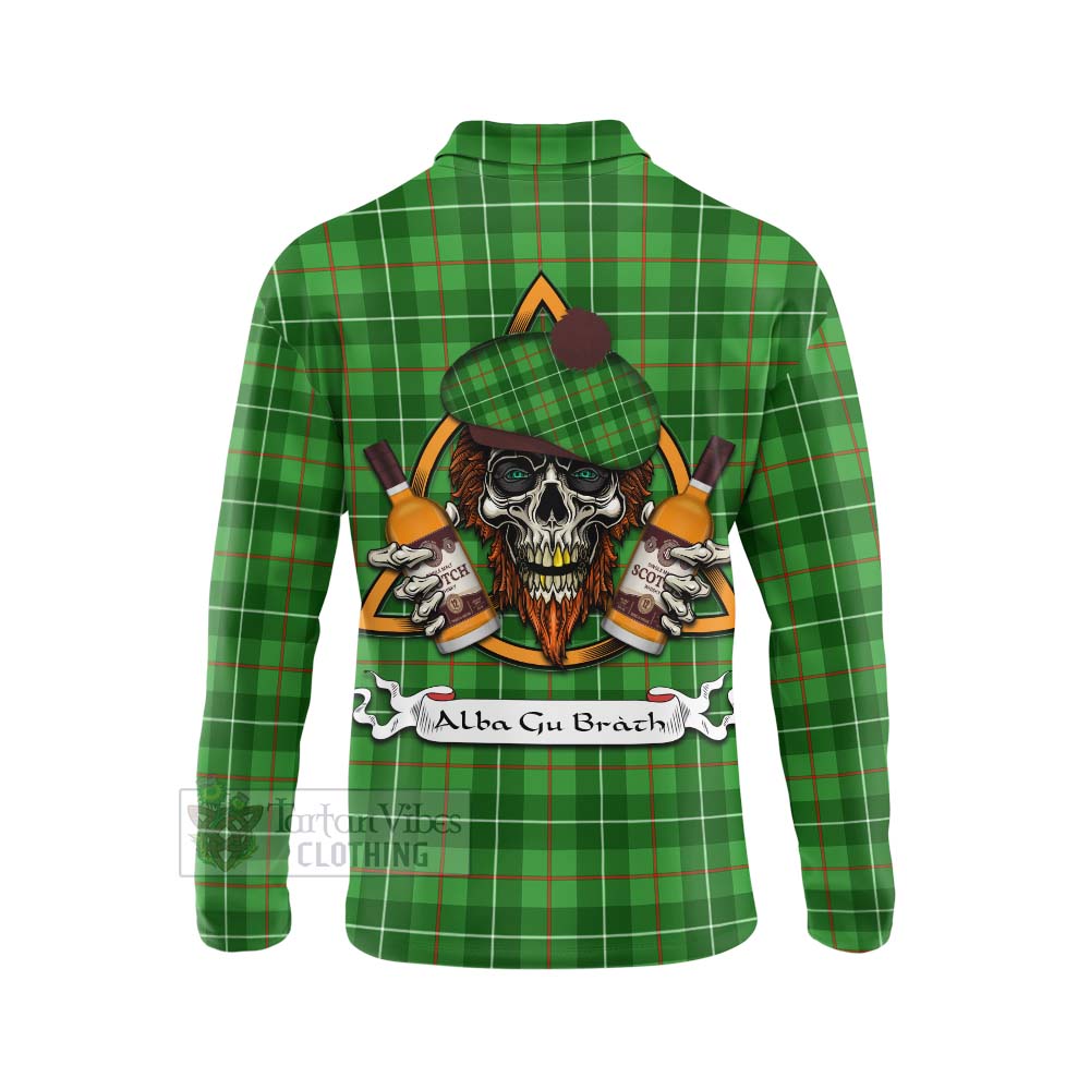Tartan Vibes Clothing Galloway Tartan Long Sleeve Polo Shirt with Family Crest and Bearded Skull Holding Bottles of Whiskey