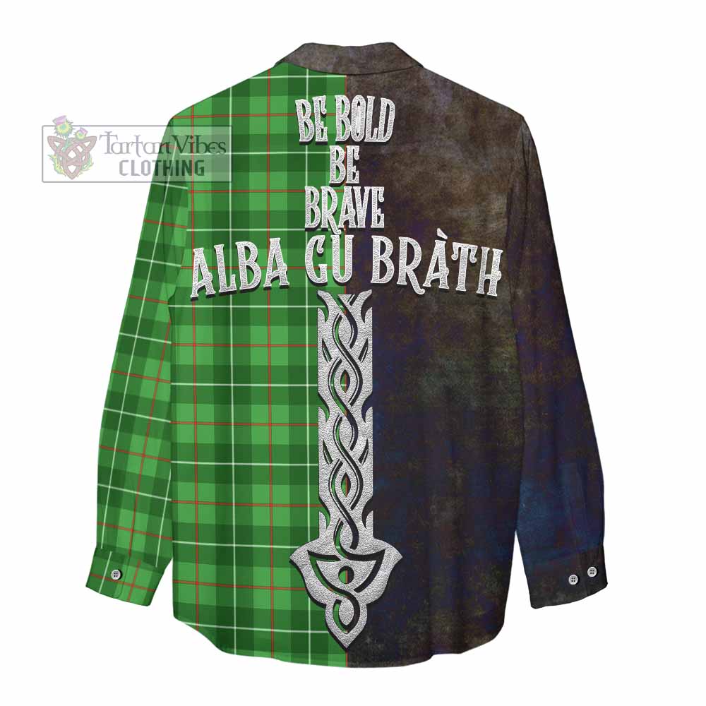 Tartan Vibes Clothing Galloway Tartan Family Crest Women's Casual Shirt Alba Gu Brath Be Brave Lion Ancient Style