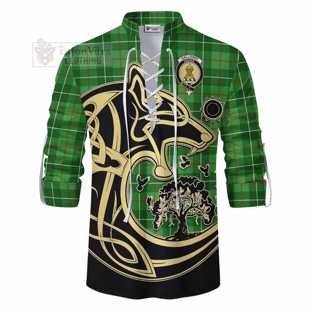 Tartan Vibes Clothing Galloway Tartan Ghillie Kilt Shirt with Family Crest Celtic Wolf Style