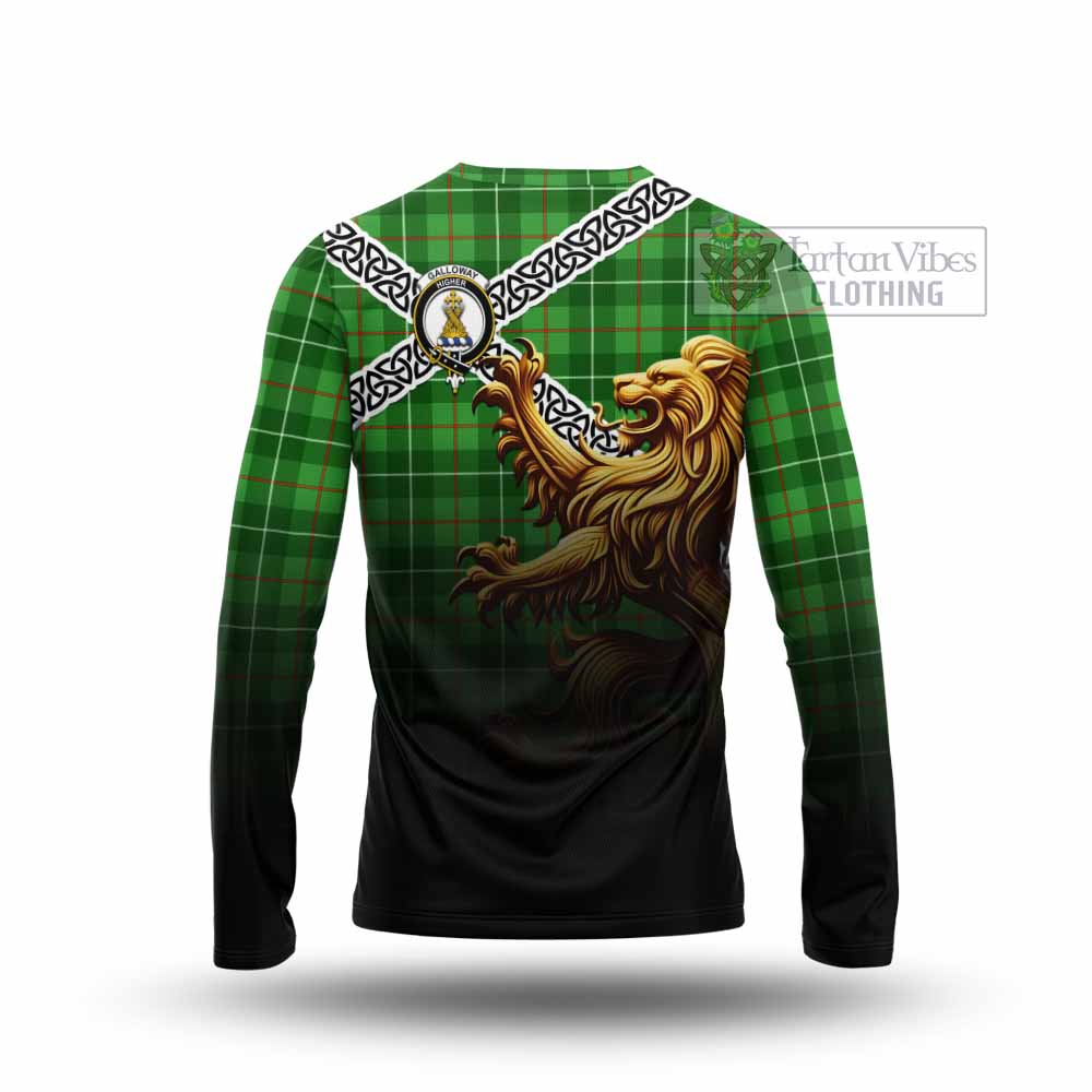 Tartan Vibes Clothing Galloway Crest Tartan Long Sleeve T-Shirt with Golden Lion Emblem Celtic Style