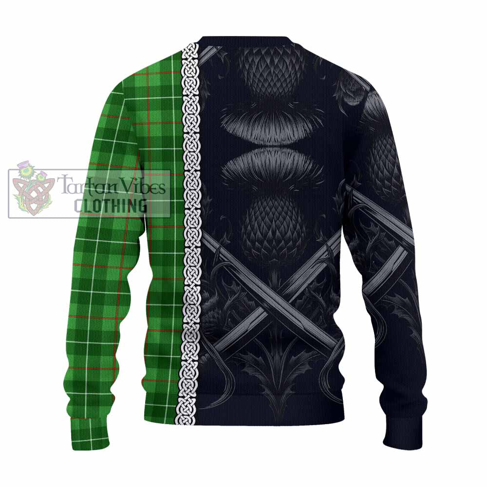 Tartan Vibes Clothing Galloway Tartan Knitted Sweater with Family Crest Cross Sword Thistle Celtic Vibes