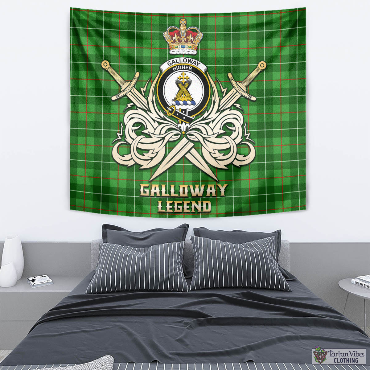 Tartan Vibes Clothing Galloway Tartan Tapestry with Clan Crest and the Golden Sword of Courageous Legacy