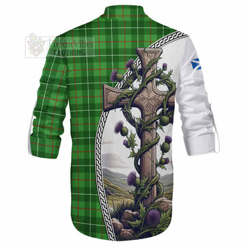 Tartan Vibes Clothing Galloway Tartan Ghillie Kilt Shirt with Family Crest and St. Andrew's Cross Accented by Thistle Vines