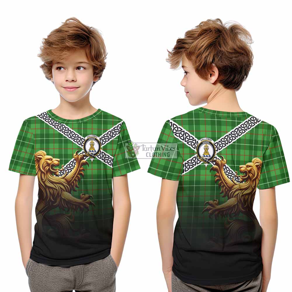 Tartan Vibes Clothing Galloway Crest Tartan Kid T-Shirt with Golden Lion Emblem Celtic Style
