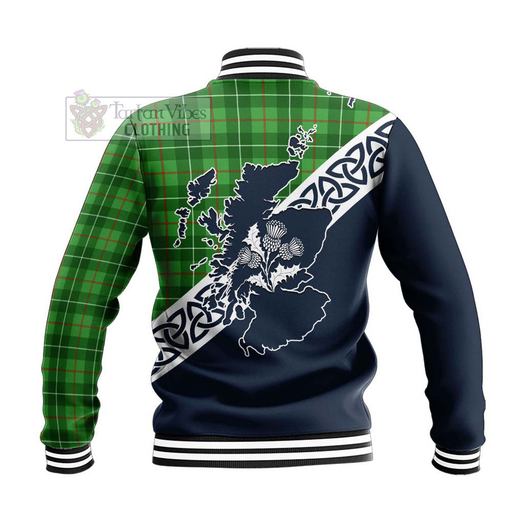 Tartan Vibes Clothing Galloway Tartan Baseball Jacket Featuring Thistle and Scotland Map