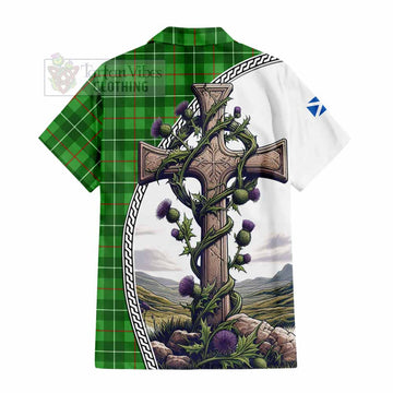 Tartan Vibes Clothing Galloway Tartan Short Sleeve Button Shirt with Family Crest and St. Andrew's Cross Accented by Thistle Vines