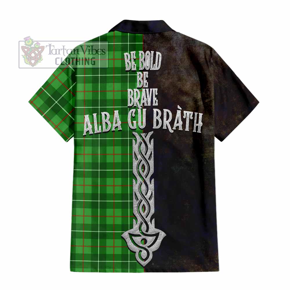 Tartan Vibes Clothing Galloway Tartan Family Crest Short Sleeve Button Shirt Alba Gu Brath Be Brave Lion Ancient Style