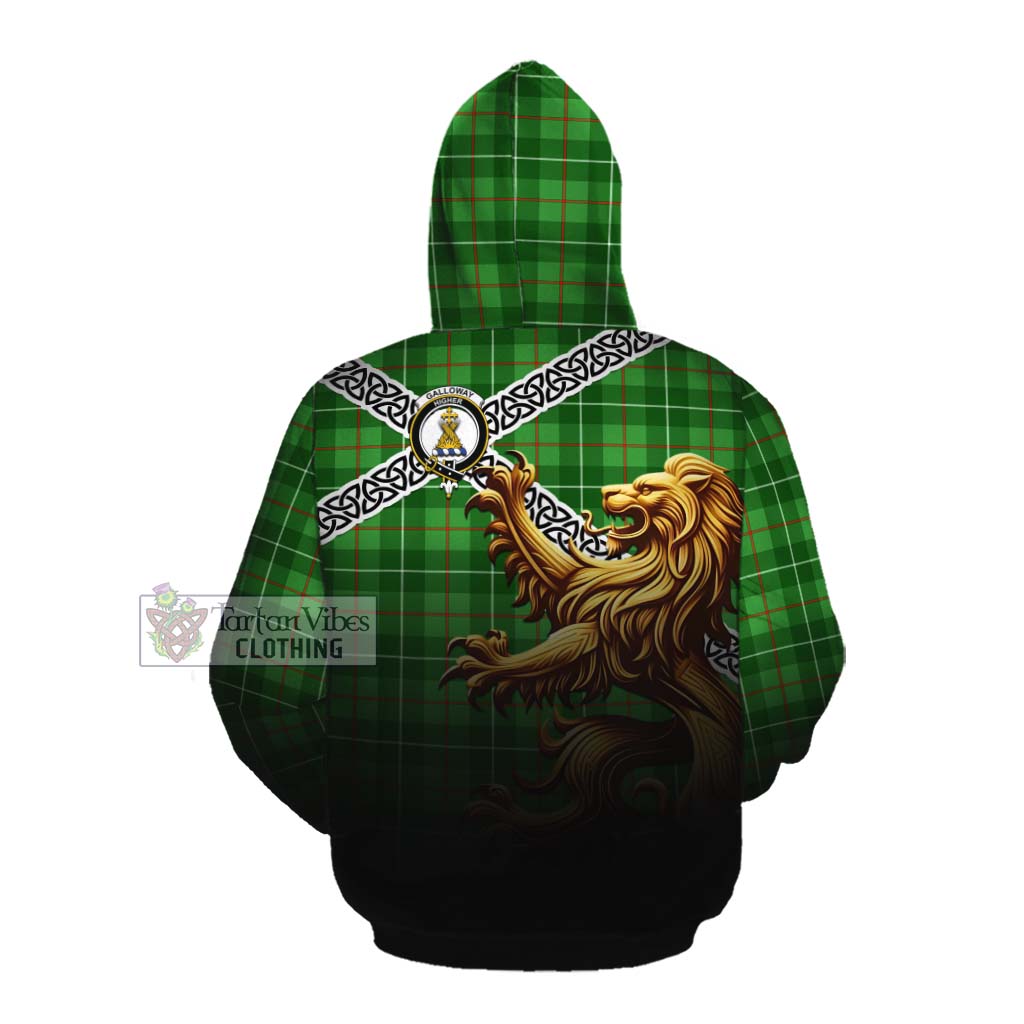 Tartan Vibes Clothing Galloway Crest Tartan Cotton Hoodie with Golden Lion Emblem Celtic Style