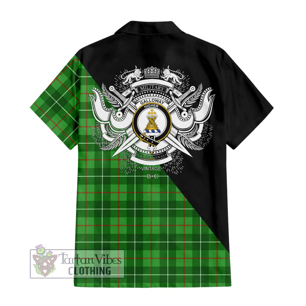 Galloway Tartan Short Sleeve Button Shirt with Family Crest and Military Logo Style - Tartanvibesclothing Shop