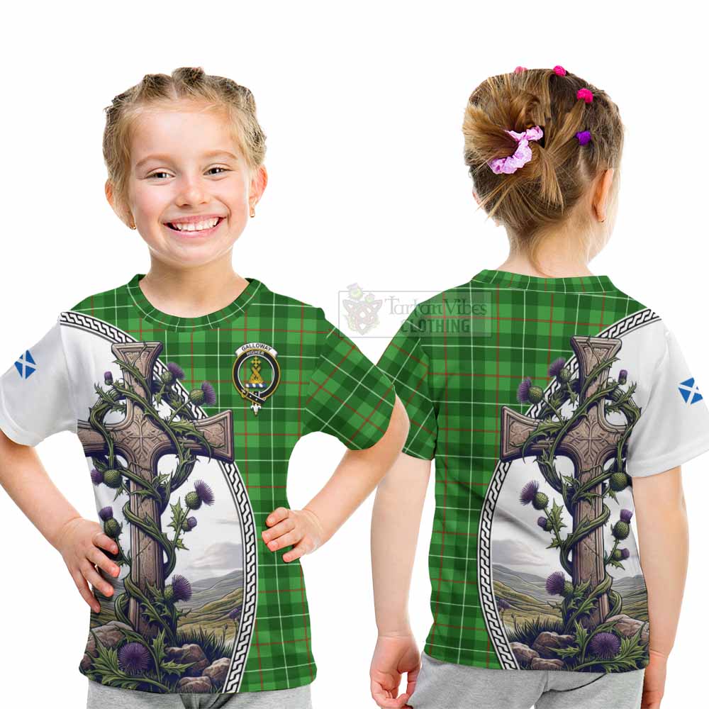 Tartan Vibes Clothing Galloway Tartan Kid T-Shirt with Family Crest and St. Andrew's Cross Accented by Thistle Vines