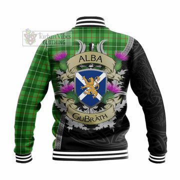 Tartan Vibes Clothing Galloway Tartan Family Crest Baseball Jacket Lion Rampant Royal Thistle Shield Celtic Inspired