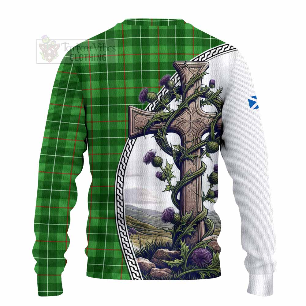 Tartan Vibes Clothing Galloway Tartan Knitted Sweater with Family Crest and St. Andrew's Cross Accented by Thistle Vines