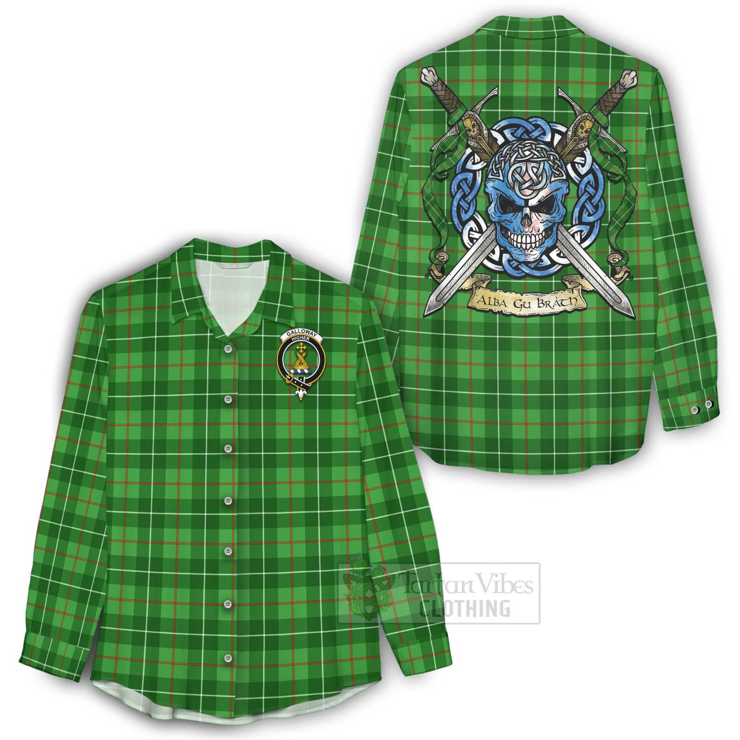 Tartan Vibes Clothing Galloway Tartan Women's Casual Shirt with Family Crest Celtic Skull Style