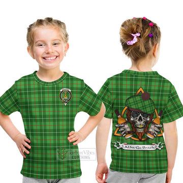 Tartan Vibes Clothing Galloway Tartan Kid T-Shirt with Family Crest and Bearded Skull Holding Bottles of Whiskey