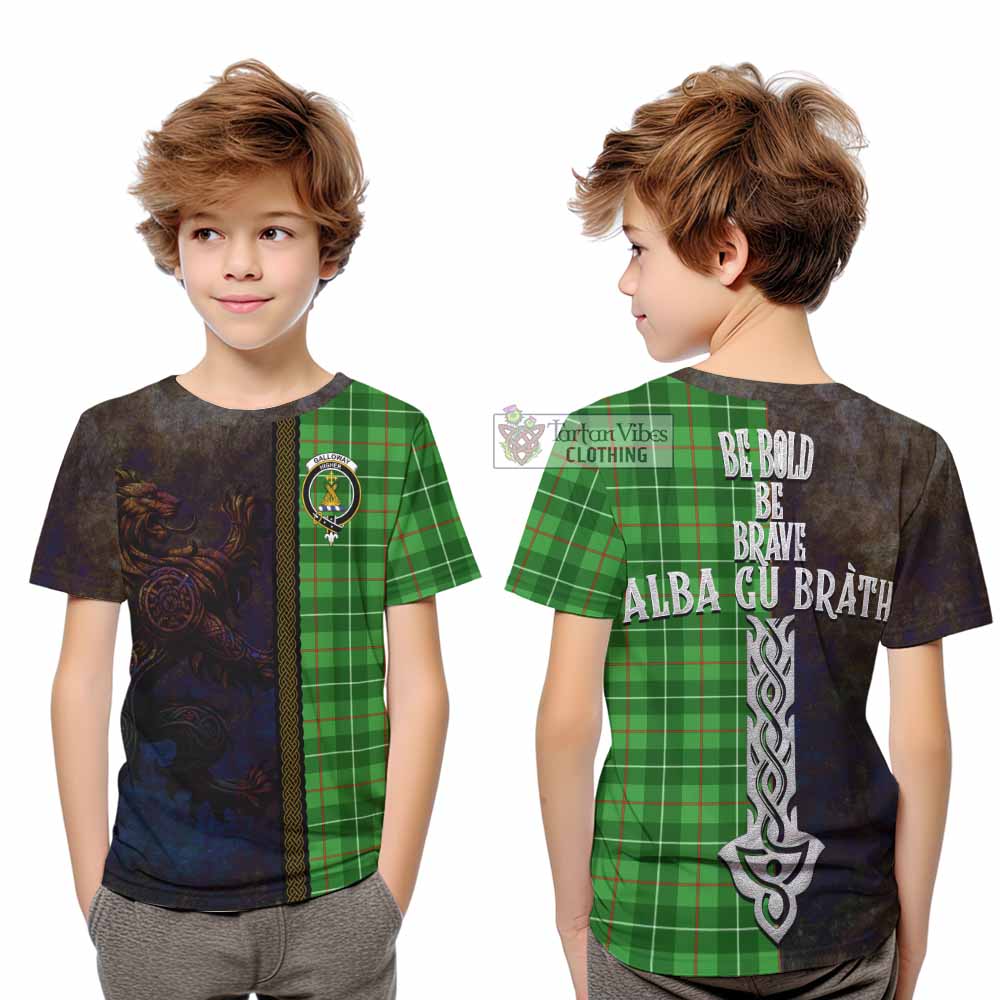Tartan Vibes Clothing Galloway Tartan Family Crest Kid T-Shirt Alba Gu Brath Be Brave Lion Ancient Style