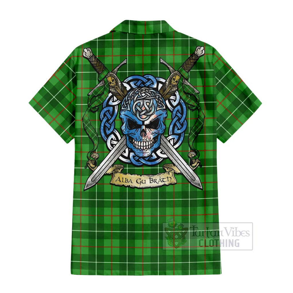 Tartan Vibes Clothing Galloway Tartan Short Sleeve Button Shirt with Family Crest Celtic Skull Style