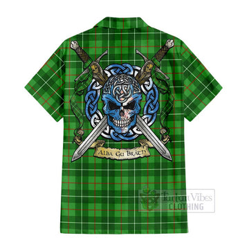 Tartan Vibes Clothing Galloway Tartan Short Sleeve Button Shirt with Family Crest Celtic Skull Style