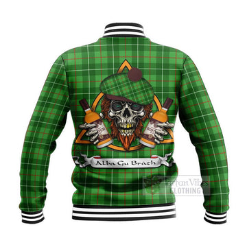 Tartan Vibes Clothing Galloway Tartan Baseball Jacket with Family Crest and Bearded Skull Holding Bottles of Whiskey