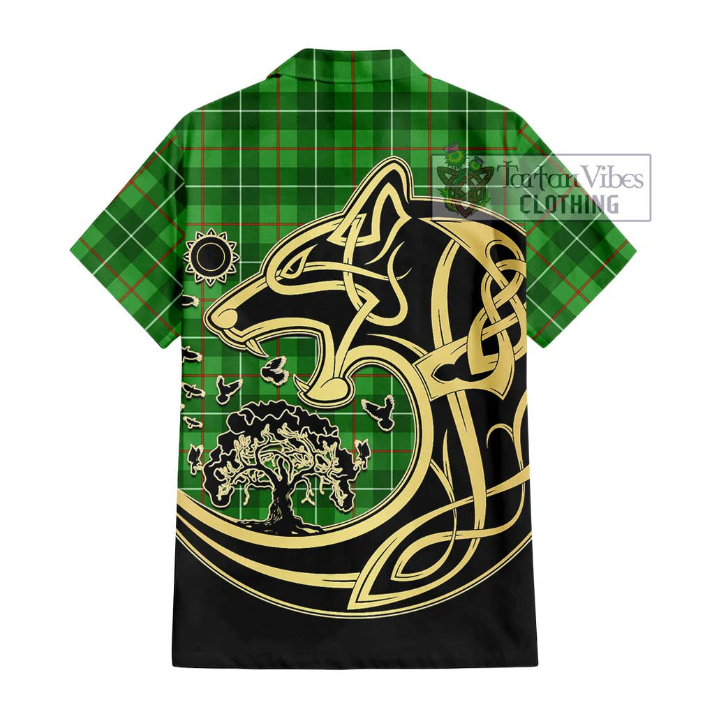Galloway Tartan Short Sleeve Button Shirt with Family Crest Celtic Wolf Style - Tartan Vibes Clothing