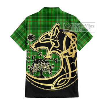 Galloway Tartan Short Sleeve Button Shirt with Family Crest Celtic Wolf Style - Tartan Vibes Clothing