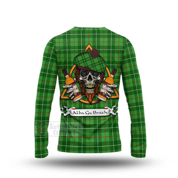 Tartan Vibes Clothing Galloway Tartan Long Sleeve T-Shirt with Family Crest and Bearded Skull Holding Bottles of Whiskey