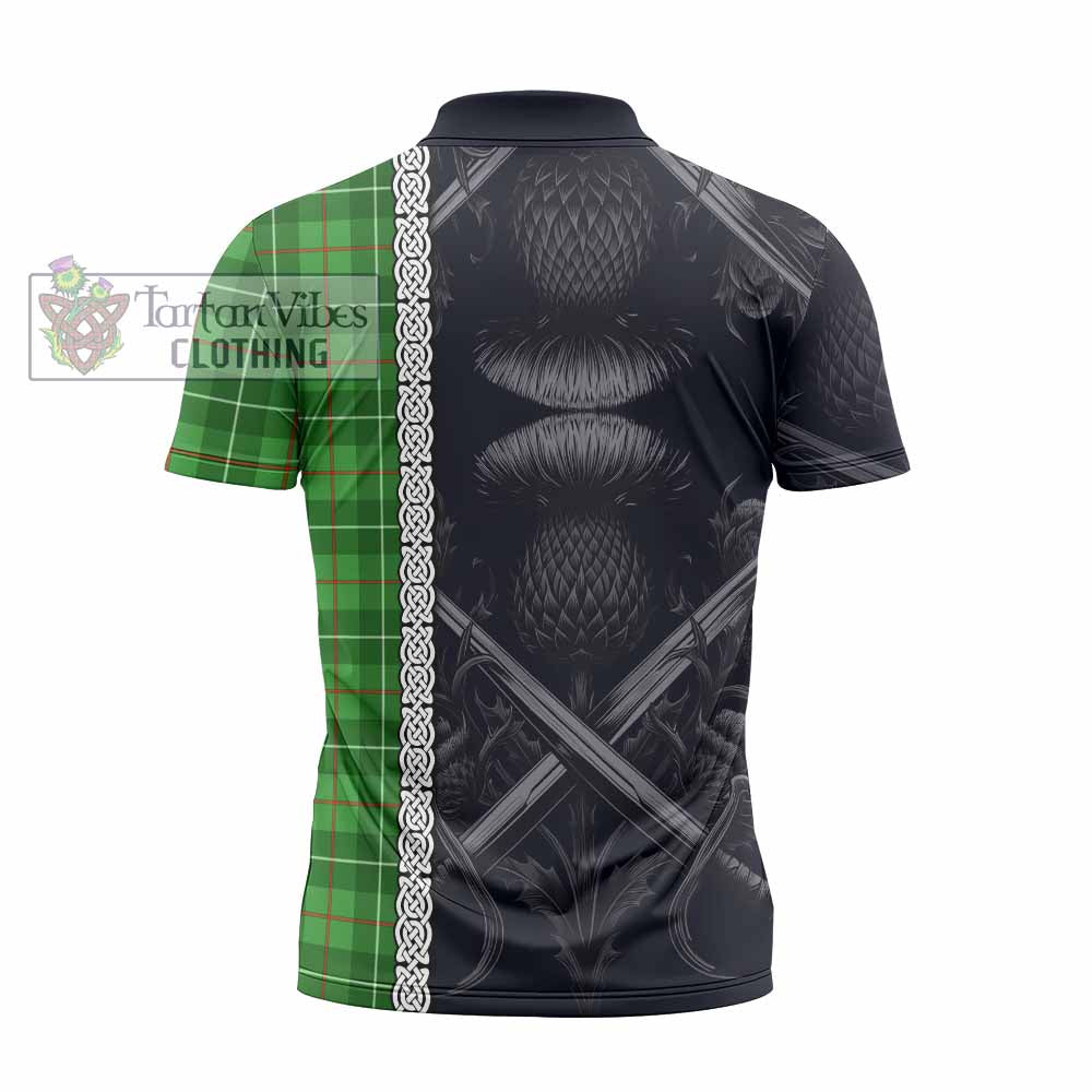 Tartan Vibes Clothing Galloway Tartan Zipper Polo Shirt with Family Crest Cross Sword Thistle Celtic Vibes
