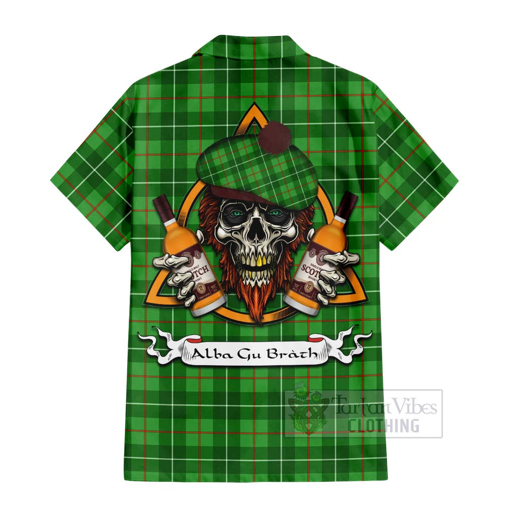 Tartan Vibes Clothing Galloway Tartan Short Sleeve Button Shirt with Family Crest and Bearded Skull Holding Bottles of Whiskey