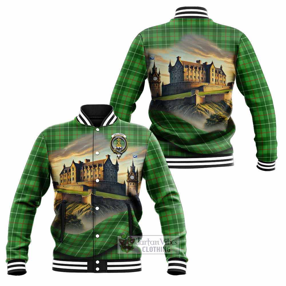 Tartan Vibes Clothing Galloway Tartan Family Crest Baseball Jacket with Scottish Ancient Castle Style
