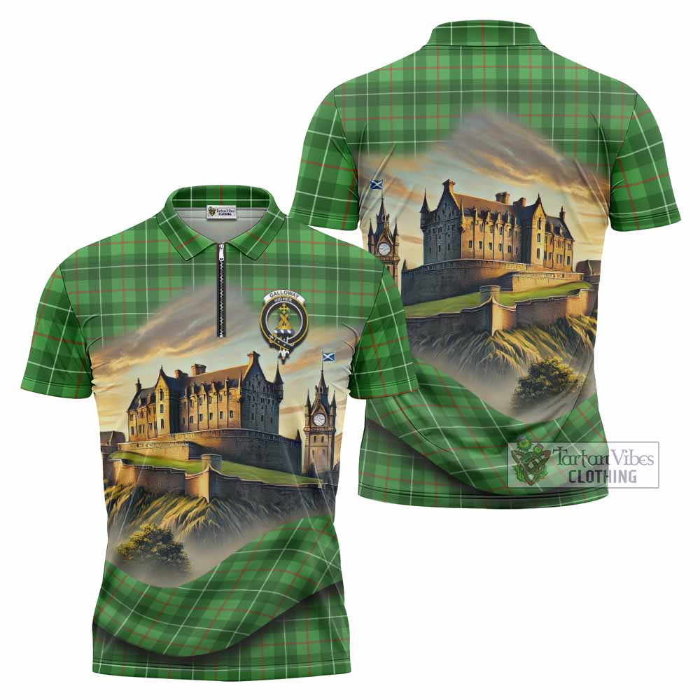 Tartan Vibes Clothing Galloway Tartan Family Crest Zipper Polo Shirt with Scottish Ancient Castle Stype