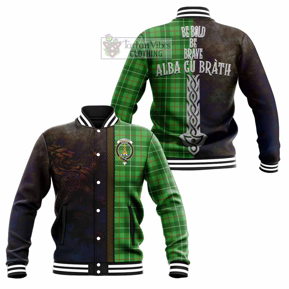 Tartan Vibes Clothing Galloway Tartan Family Crest Baseball Jacket Alba Gu Brath Be Brave Lion Ancient Style