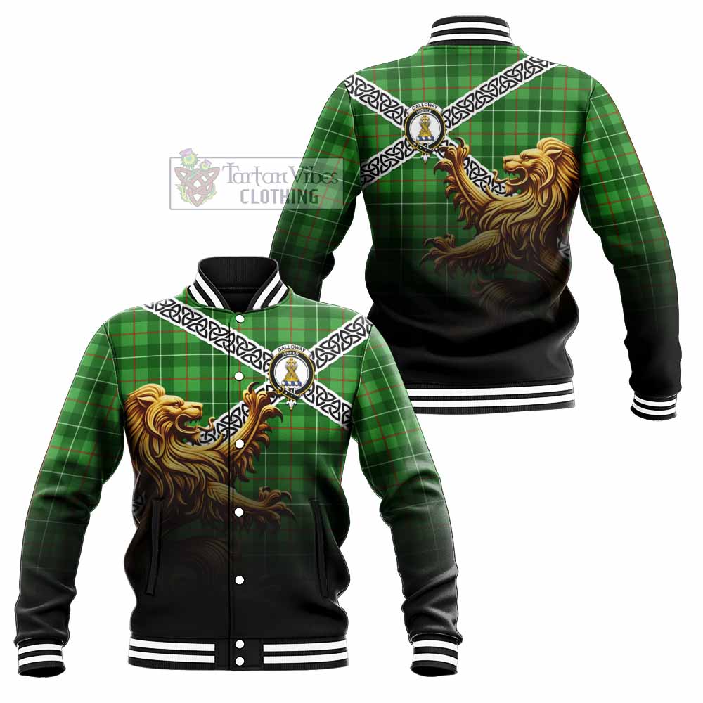 Tartan Vibes Clothing Galloway Crest Tartan Baseball Jacket with Golden Lion Emblem Celtic Style