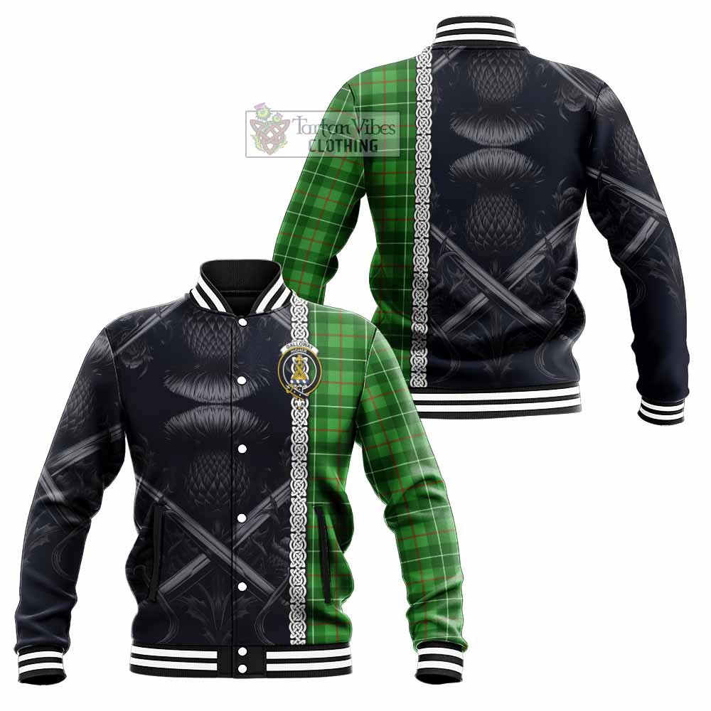 Tartan Vibes Clothing Galloway Tartan Baseball Jacket with Family Crest Cross Sword Thistle Celtic Vibes