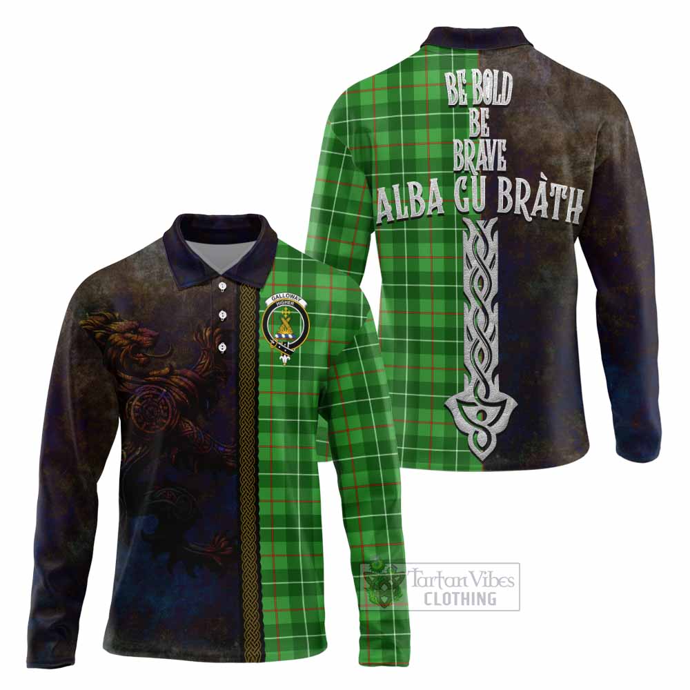 Tartan Vibes Clothing Galloway Tartan Family Crest Long Sleeve Polo Shirt Alba Gu Brath Be Brave Lion Ancient Style