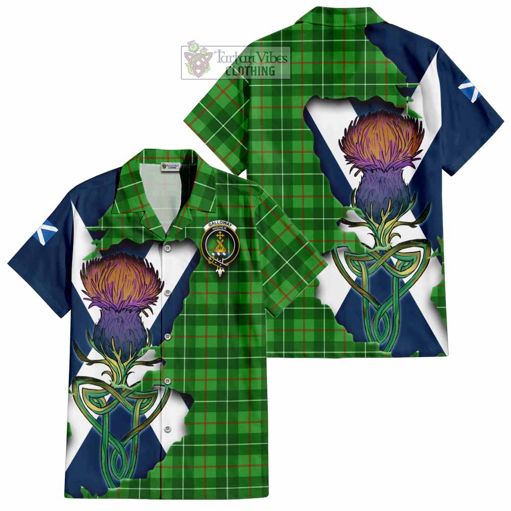 Tartan Vibes Clothing Galloway Tartan Family Crest Short Sleeve Button Shirt Scottish Thistle Celtic Inspired