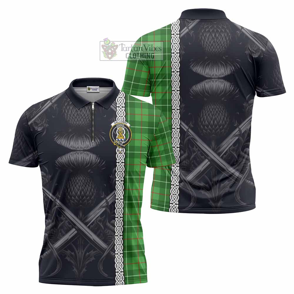 Tartan Vibes Clothing Galloway Tartan Zipper Polo Shirt with Family Crest Cross Sword Thistle Celtic Vibes