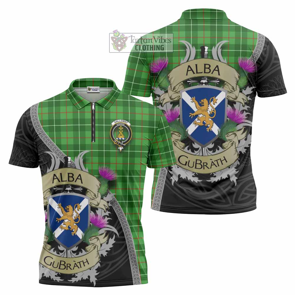 Tartan Vibes Clothing Galloway Tartan Family Crest Zipper Polo Shirt Lion Rampant Royal Thistle Shield Celtic Inspired