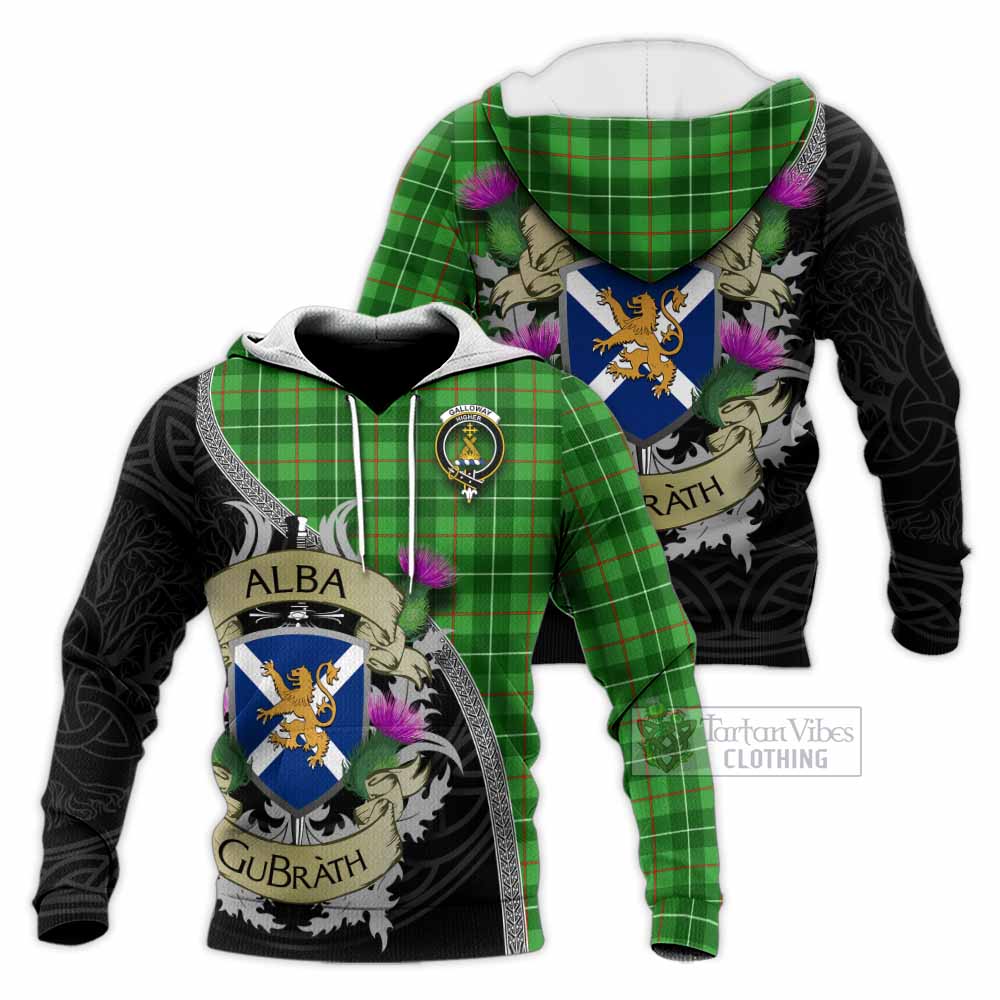 Tartan Vibes Clothing Galloway Tartan Family Crest Knitted Hoodie Lion Rampant Royal Thistle Shield Celtic Inspired