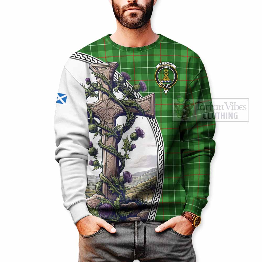 Tartan Vibes Clothing Galloway Tartan Sweatshirt with Family Crest and St. Andrew's Cross Accented by Thistle Vines