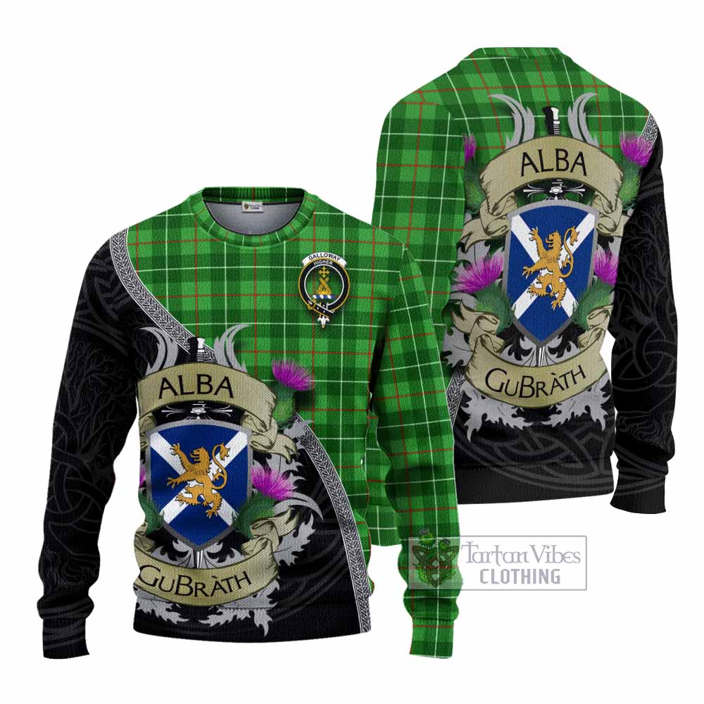 Tartan Vibes Clothing Galloway Tartan Family Crest Knitted Sweater Lion Rampant Royal Thistle Shield Celtic Inspired