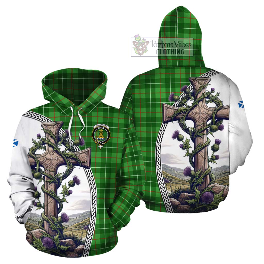 Tartan Vibes Clothing Galloway Tartan Cotton Hoodie with Family Crest and St. Andrew's Cross Accented by Thistle Vines