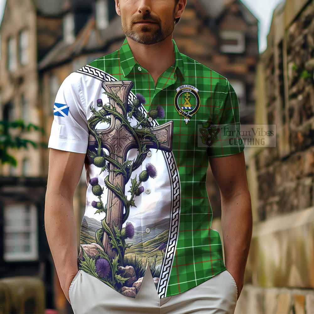 Tartan Vibes Clothing Galloway Tartan Short Sleeve Button Shirt with Family Crest and St. Andrew's Cross Accented by Thistle Vines